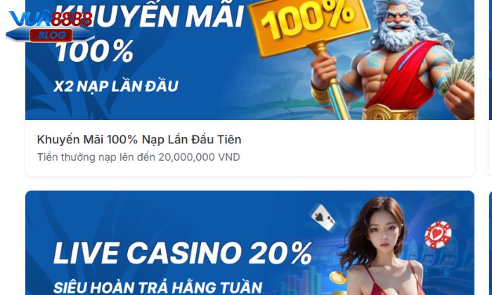 Khuyến mãi lần đầu nạp tiền với tổng giá trị lên tới 100% hấp dẫn tại Vua88